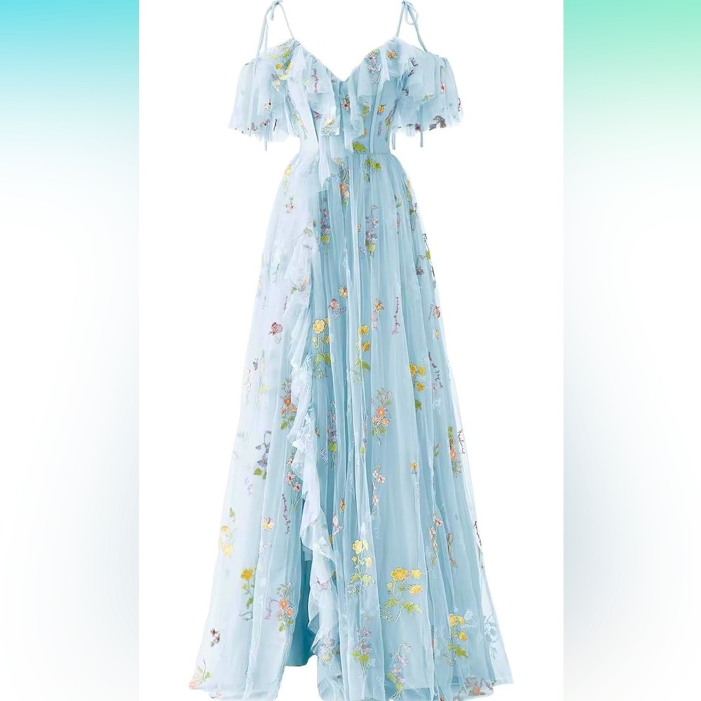 NEW! Sky Baby Blue Tulle Flower Lace Dress Gown Bridal Bridesmaid Shower